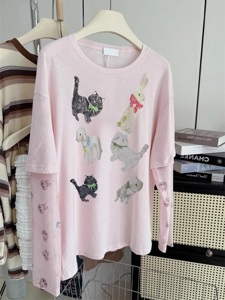 Coréen Sle Doux Amusant Imprimé Décontracté Or Sve T-shirt Lâche D'été Design Haut Tendance pour Hommes et Femmes