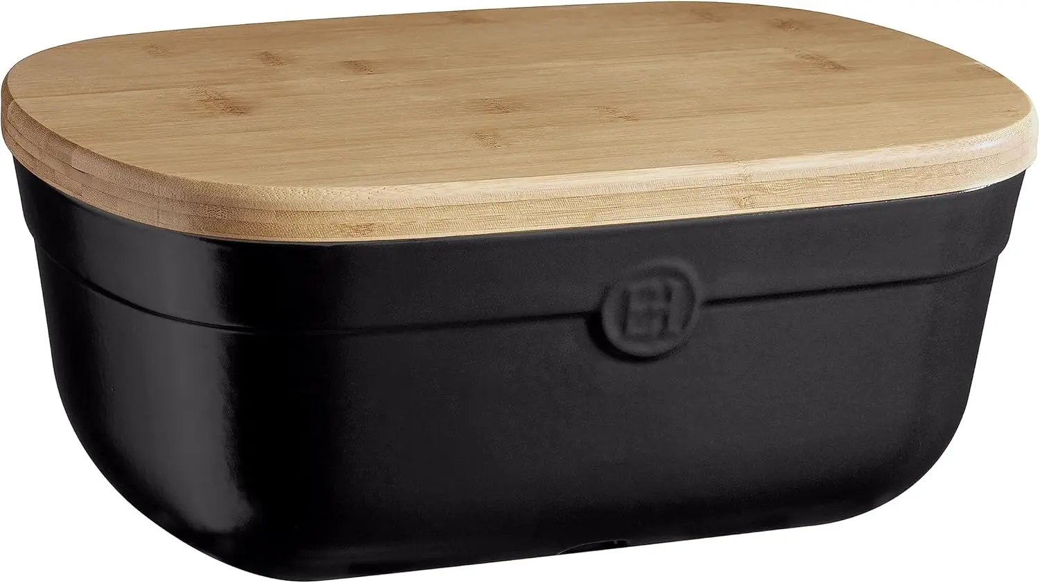 

14-Inch Ceramic Bread Box with Wood Lid, Black Truffle Color - Preserves Freshness & Crust