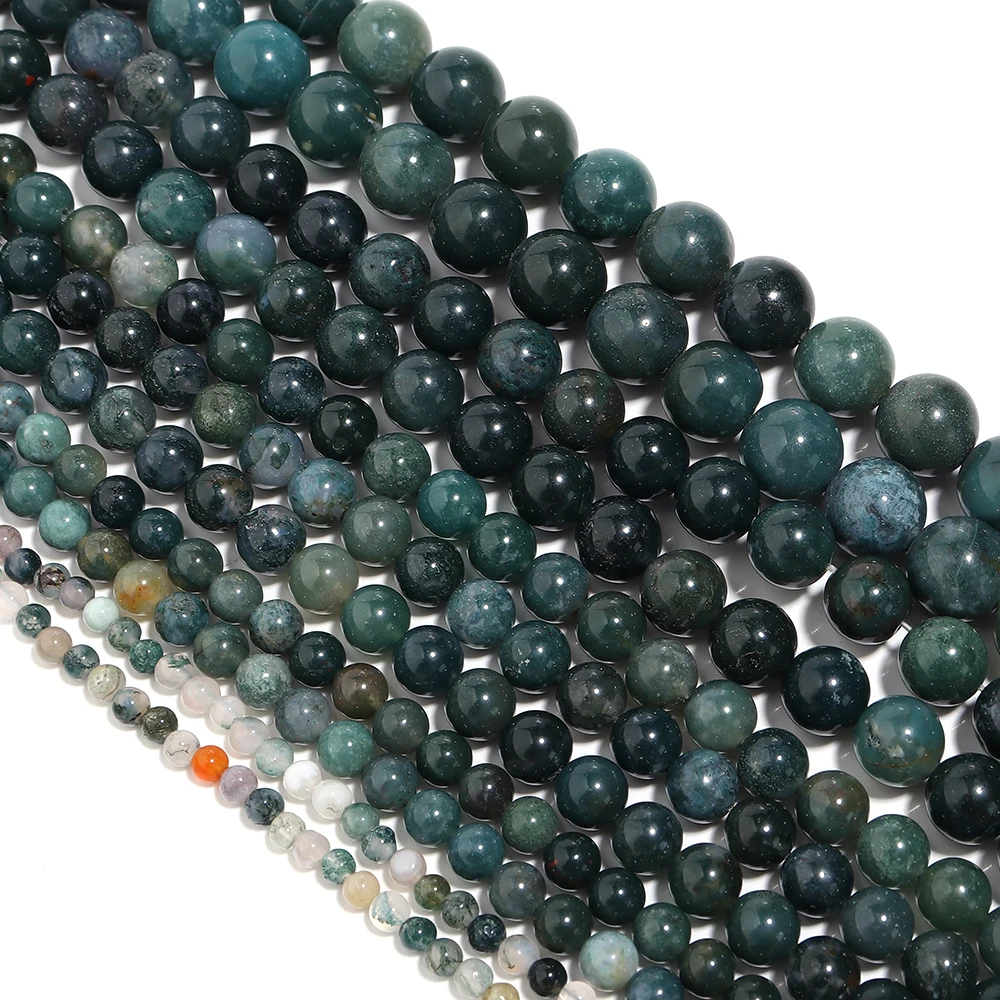 1 Strand Natural Stone Green Moss Agate Beads Round Genuine Stone Beading Loose Gemstone for DIY Charm Bracelet Necklace Earring