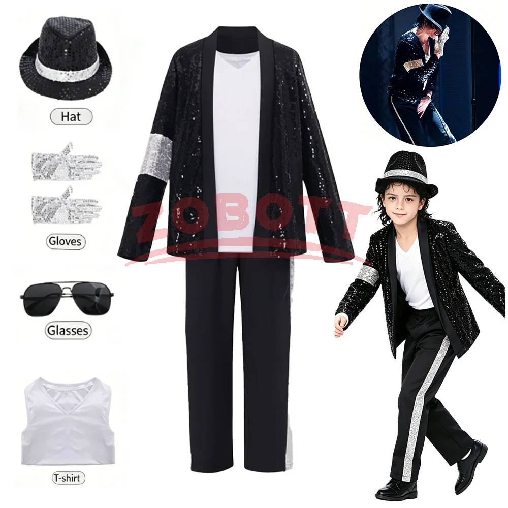 Pop Michael Jackson Teen Costume Cosplay Dance Black Suit Dance Disco Halloween Clothing glitter Stage Outfits