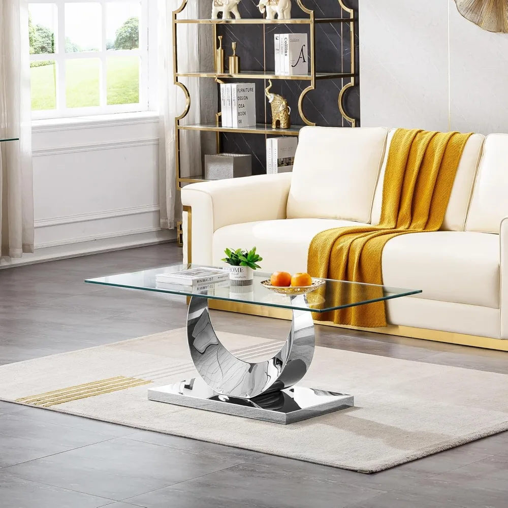 

Glass Coffee Table, 47.25" Rectangular Coffee Table with Tempered Glass Top & Silver Mirror Finish Stainless Steel U-Shaped Base