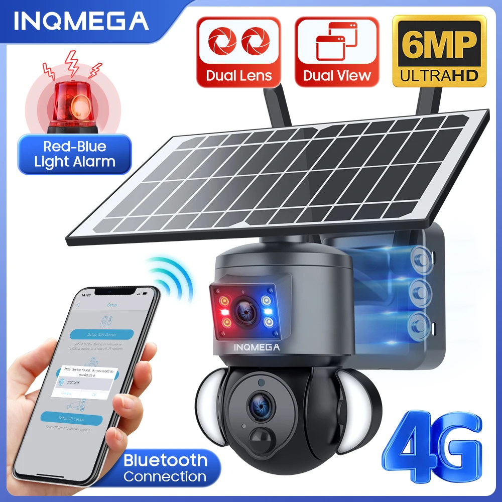 

INQMEGA 4K 6mp 4G SIM /WIFI Security Outdoor Camera R&B Alarm Dual View Dual linkage solar battery PTZ Camera Built In Baterries