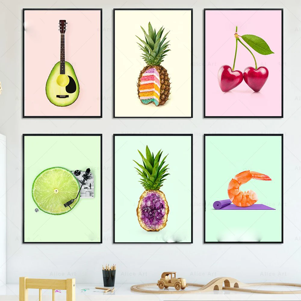 Lemon DJ Pineapple Cake Yoga Prawn Canvas Painting Wall Pictures Kitchen Kids Room Home Decor Funny Fruit Poster Avocado Guit