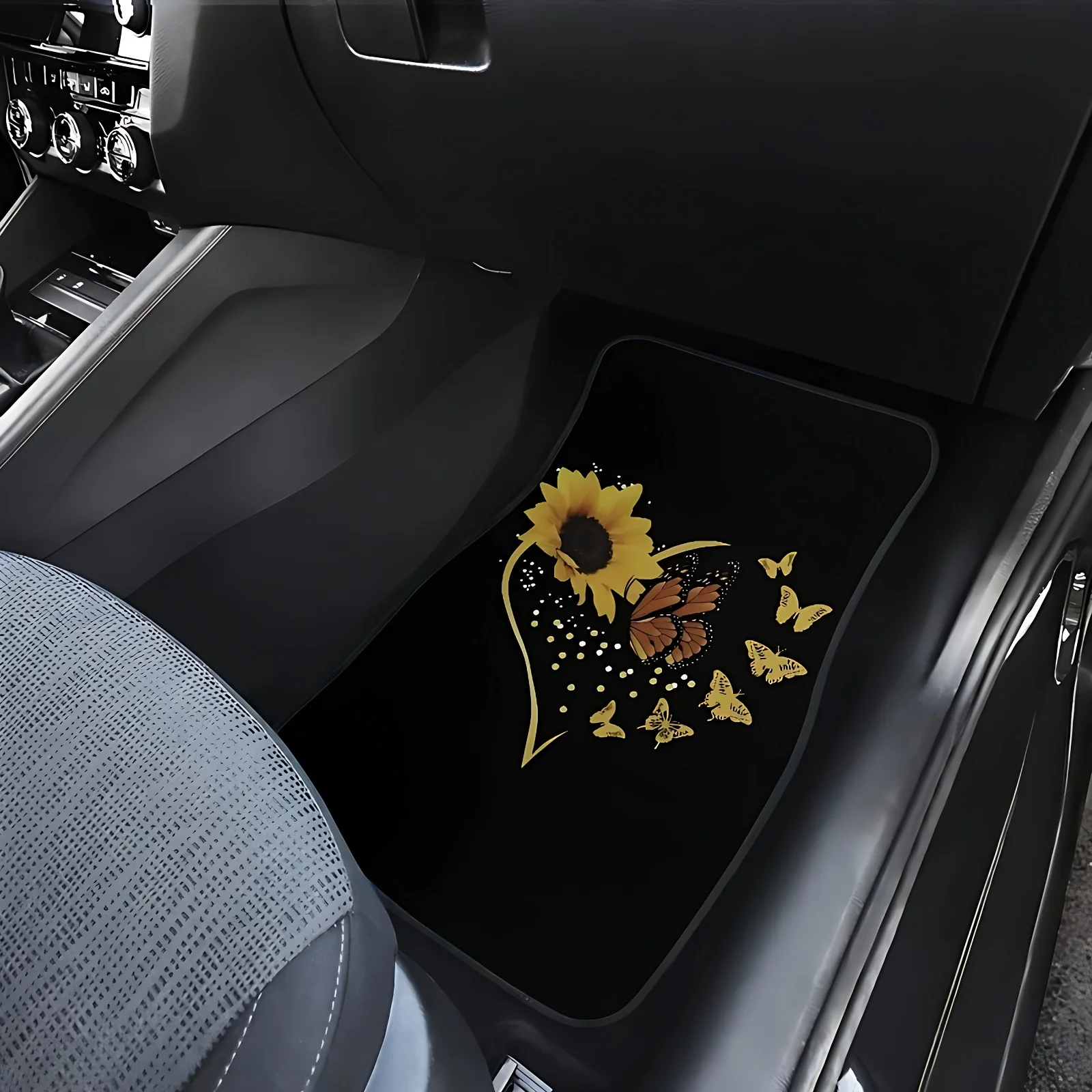 

4pcs Sunflower & Butterfly Print Car Floor Mats - Fit Front & Rear Full Coverage Auto Interior Accessories, Crystal Velvet Vehic