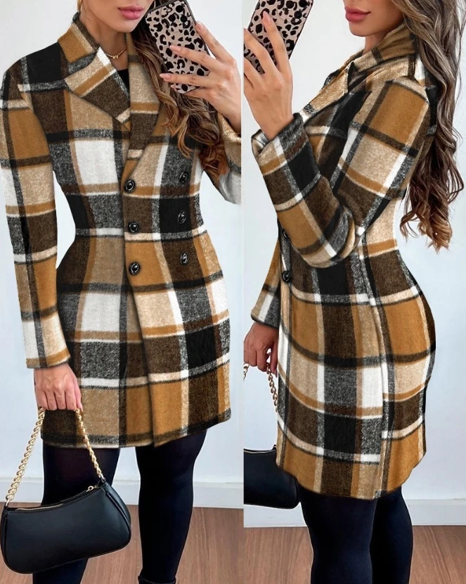 

Women's Elegant Suit Jacket 2024 Autumn Latest Plaid Pattern Double Breasted Coat Notched Collar Long Sleeve Button Cardigan