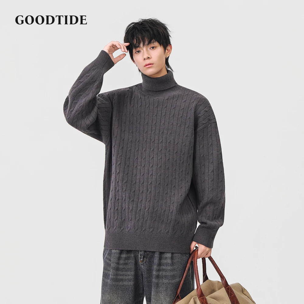 Fashion Men's Casual Turtleneck Sweater 2025 Winter New Cable Knit Pullover Comfortable Soft Long Sleeve Jumper Top