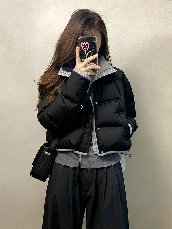

Зимняя утепленная хлопковая куртка 2025 года для женщин, короткий рукав, контрастный воротник, объемный крой, в корейском стиле, женская верхняя одежда