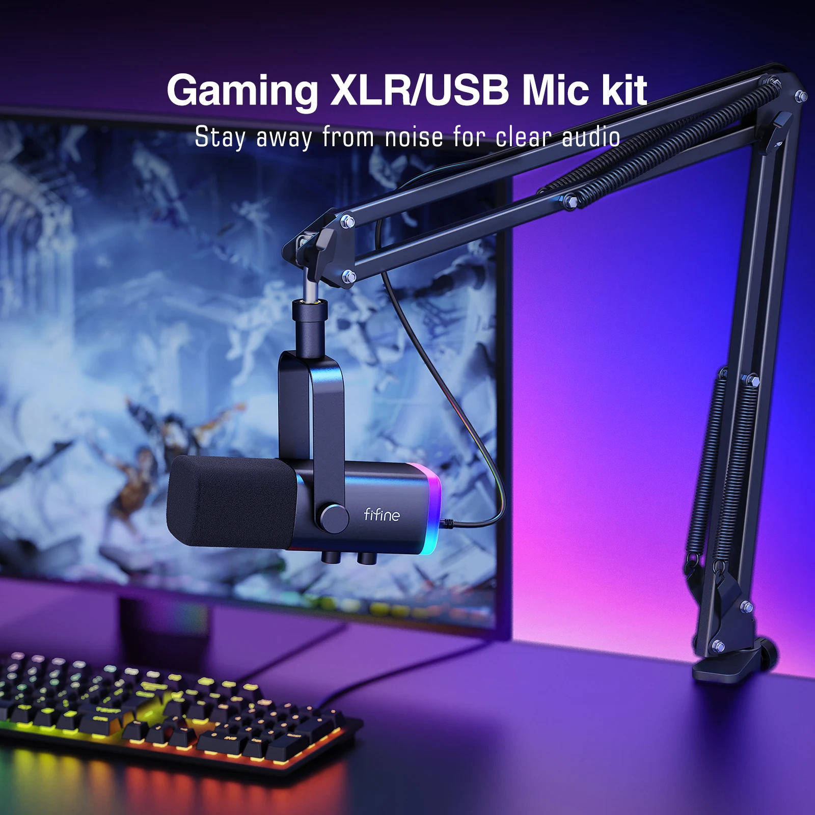 FIFINE-XLR e USB Gaming Microfone Kit com fone de ouvido, Mute, RGB, Suporte de braço, Conjunto de microfone dinâmico para PC, PS5 e PS4, Mixer,