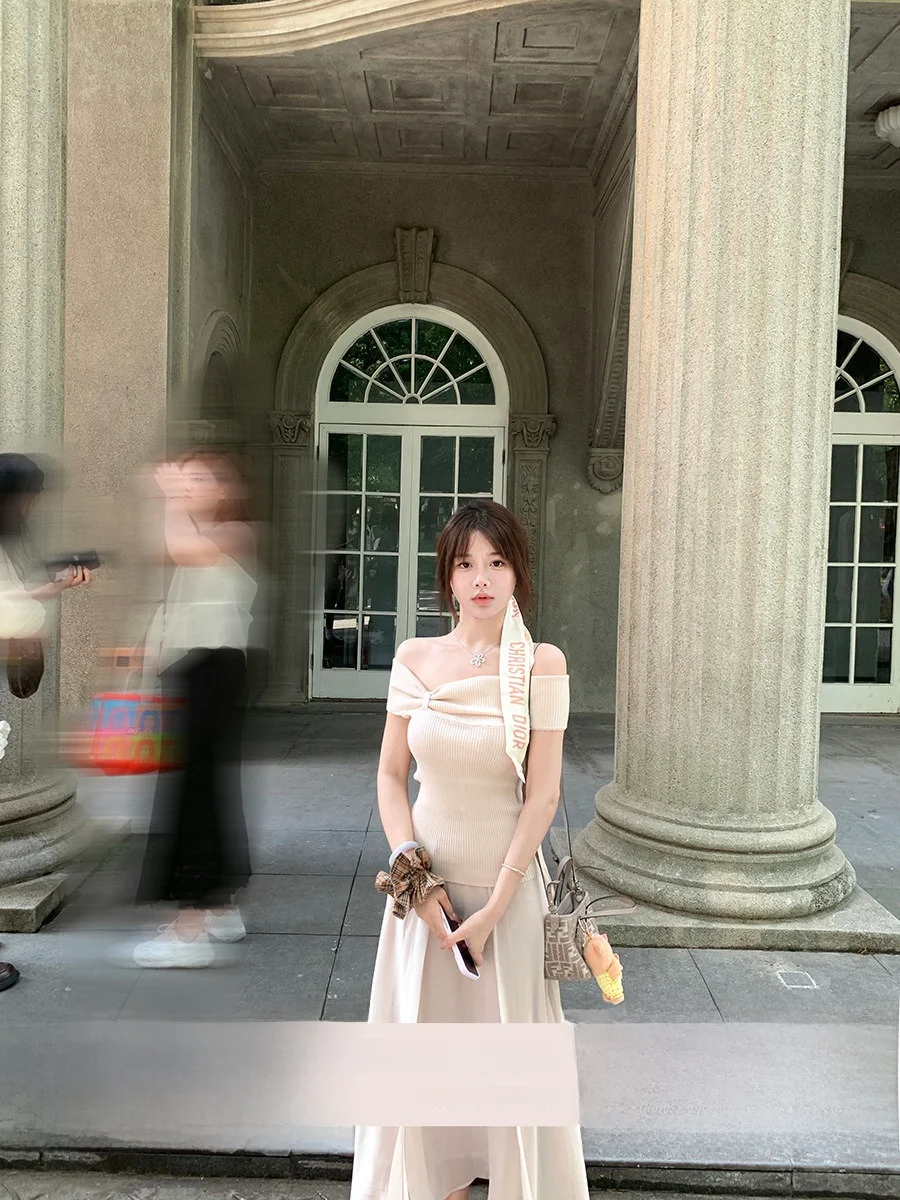 

Ele Eleven Girl Artistic BC Suit Summer New Gentle Temperament One-oulder Top f Skirt Women Soft Commute Sle Wool ...