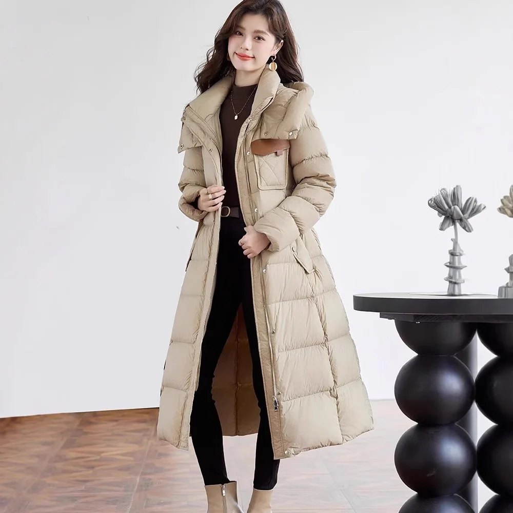 2025 여성용 다운 재킷 신상 가을 겨울 코트 후드 롱패딩 벨트 여성용 두꺼운 따뜻한 루즈핏 다운 파카 아우터