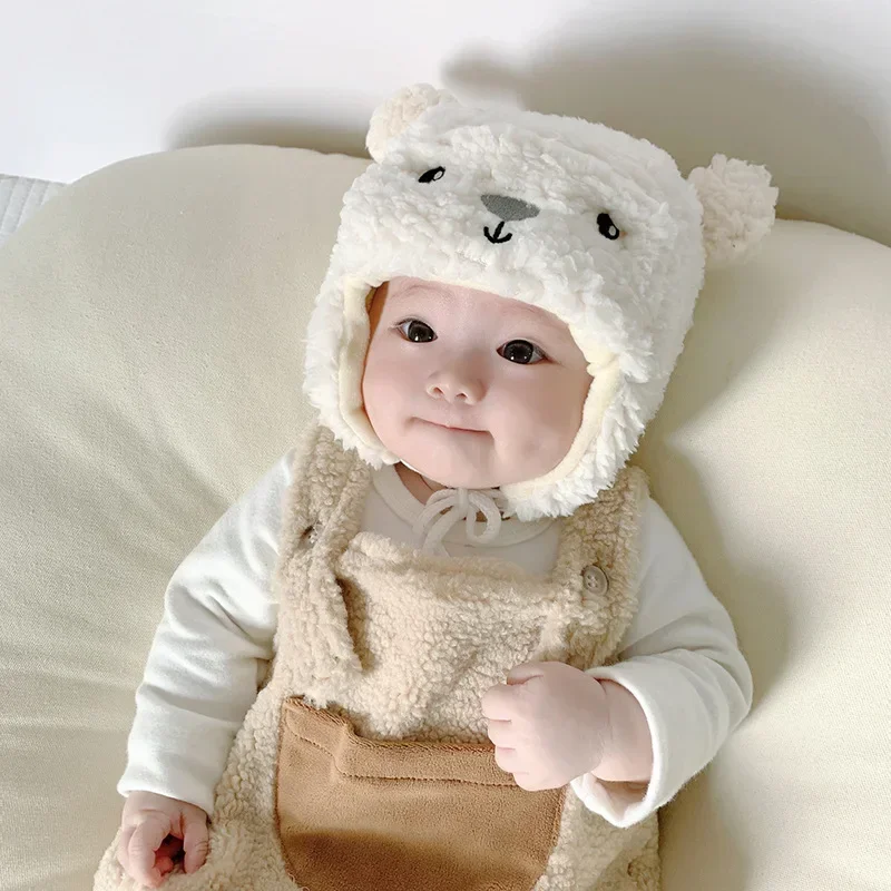 Warm Furry Baby Hat for Boy Girl Cute Cartoon Bear Plush Infant Baby Bonnet  Autumn Winter Warm Earflap Toddler Accessories