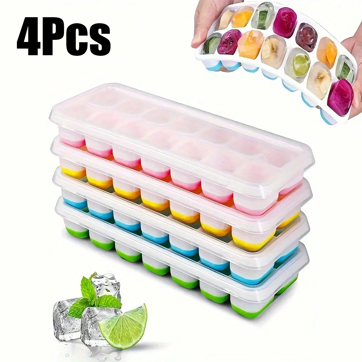 4-Pack Random Color Ice Cube Mold Set, with a Tray with 14 Compartments, Multifunctional Chocolate Mold with Removable Lid