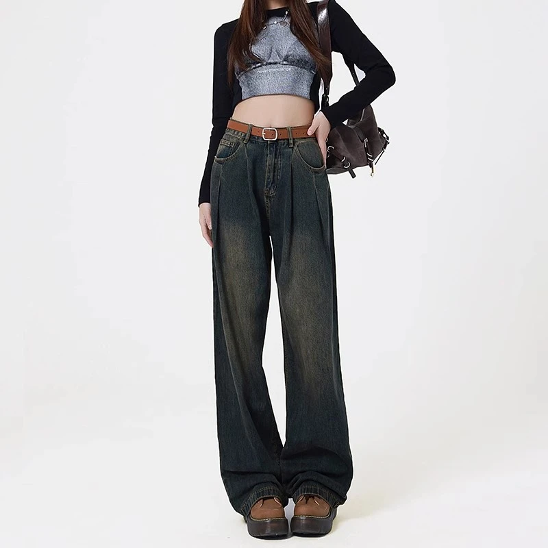 

Vintage cement grey wide-leg jeans female autumn and winter new folded design sense high waist thin loose straight trousers