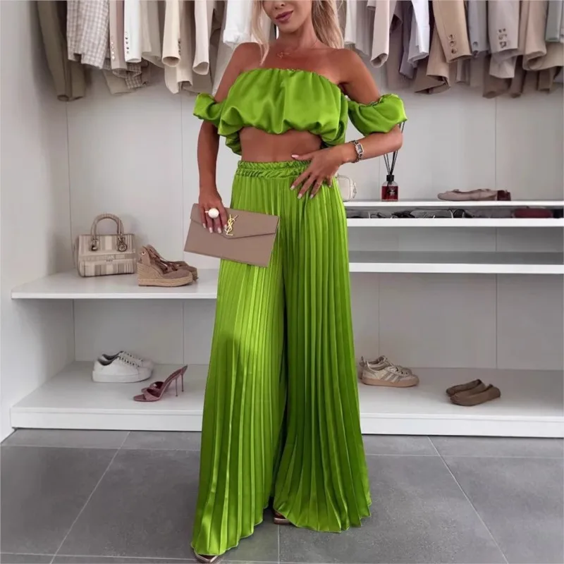 2025 الصيف المرأة مثير 2 قطعة مجموعة خارج الكتف أكمام المعتوه صديرية دائرية + بنطال ذو قصة أرجل واسعة مجموعة موضة حفلة بناطيل كاجوال الزي