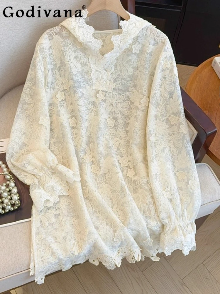 

Весенне-осенняя модная кружевная рубашка большого размера с капюшоном и длинными рукавами, свободный абрикосовый корейский топ средней длины для девочек