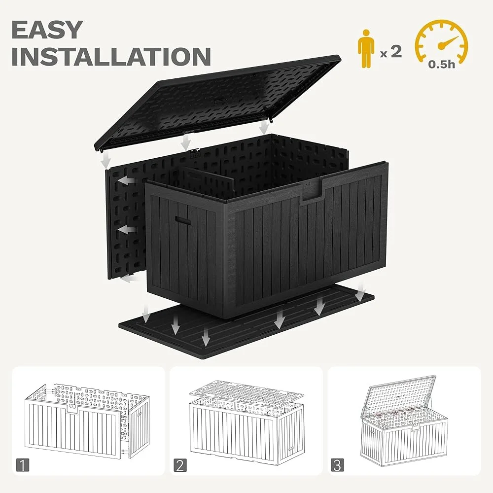 230 Gallon Outdoor Storage Box Double Wall Waterproof Deck Box Divider Table Bench Seating 1000 lbs Weight Capacity