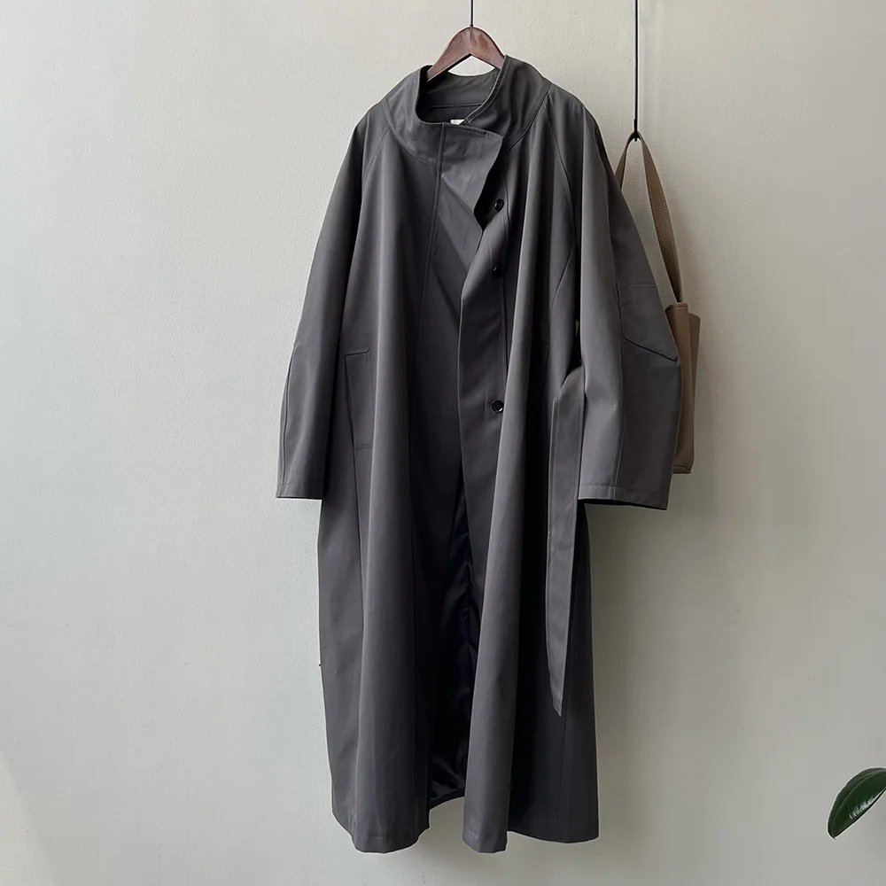 Lady Belt Gathered Waist Trench For Women Stand Neck Single Breasted Fashion Windbreaker 2025 Autumn New