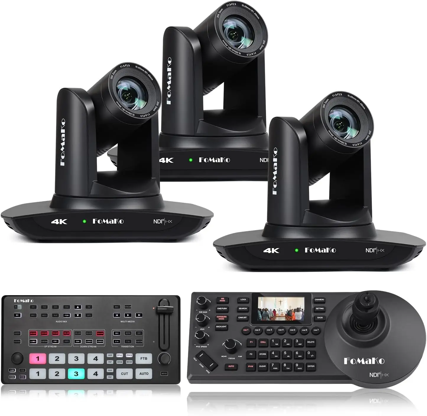 

Комплект камер FoMaKo 4K PTZ (3 шт. K20UH + видеомикшер M1 + контроллер PTZ KC608) - автоматическое отслеживание с ИИ, 4K 20-кратный оптический зум, HDMI
