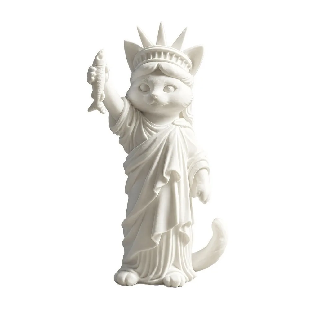 Cute 3D Printed Liberty Cat Statue Creative Plastic Fish Holding Cat Figurine Funny Cat Wearing Crown Sculpture Bookshelf Decor