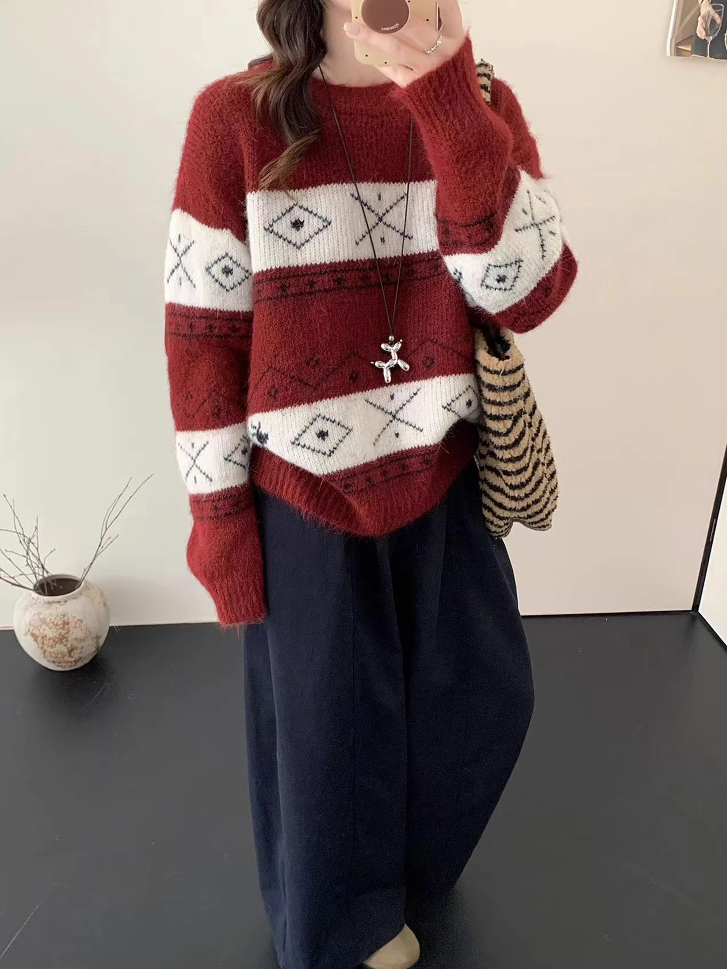 Lose Gestrickte Farbe Blo Floral Stickerei frauen Pullover Winter Neue Sle Vintage runde Ne Lange Sve Polyester Faser