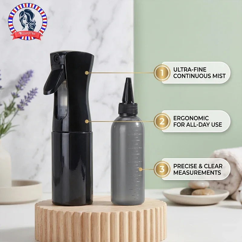 2 Pack Continuous Fine Mist Spray Bottle &Root Comb Applicator Bottle, Refillable Plastic Hair Dye Bottle Hairstyling Salon Tool