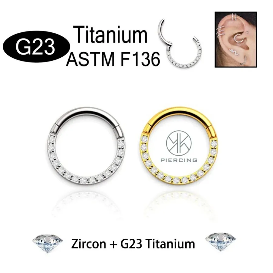 Pendientes de titanio G23 8mm / 10mm anillo de aro 16G oreja para la mujer nariz redonda 5A Zircón regalo de vacaciones perforación joyería platada / dorada