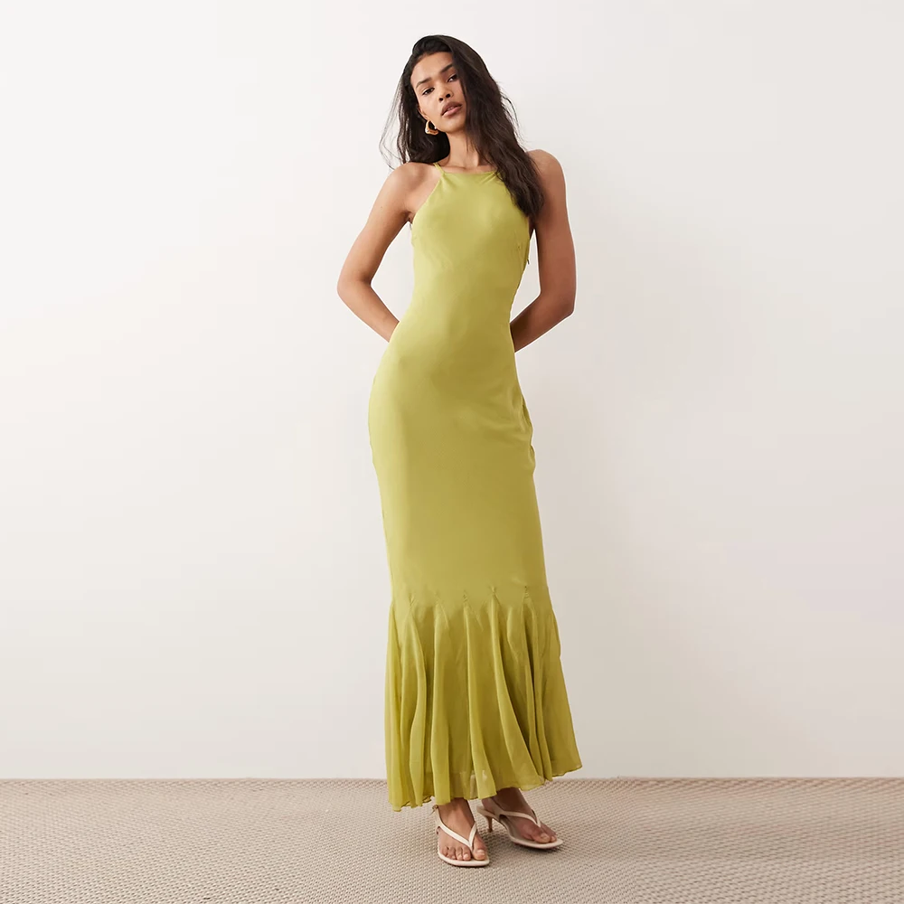 Vestidos de Noche Personalizados, Vestido Maxi sin Mangas de Chifón con Dobladillo Godet en Verde, Vestidos de Novia Formales de Longitud hasta el Suelo