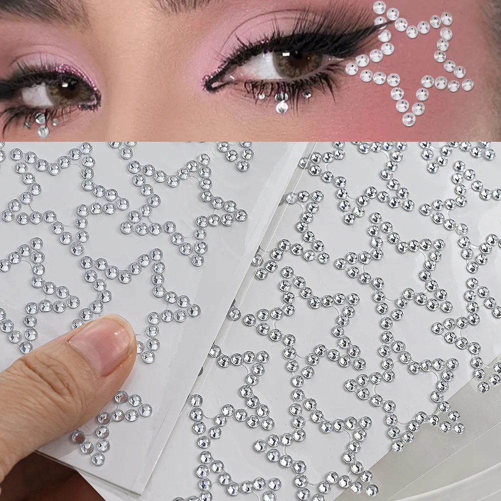 1Pcs 3D Holow Stars Gem Face Eye Stickers Pentagram Rhinestones Adhesive Tattoo Decals for Party Makeup Y2K Body Decor Tattoos &