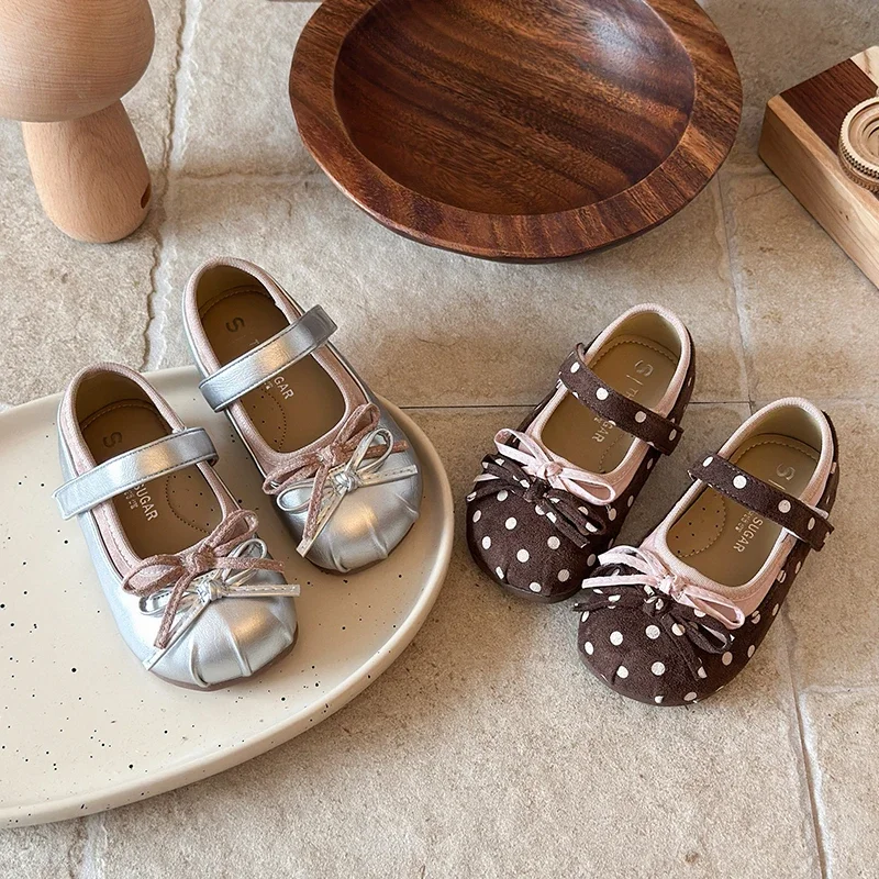 Toddler Girls Cute Bow Mary Jane Flats, Metallic Silver / Polka‑Dot Hook‑Loop Soft Casual Princess Shoes