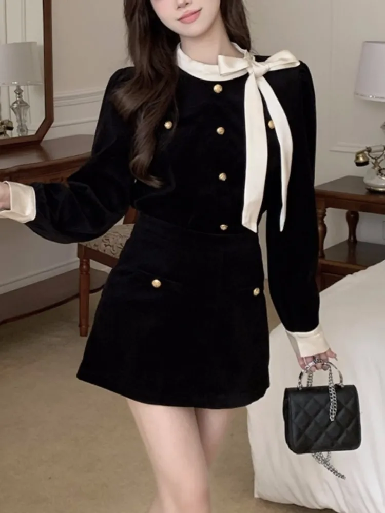 Elegant French Luxury French Bow Women's Two Pieces Set Black O-Neck Long Sleeves Single Breasted Suits New In Matching Sets