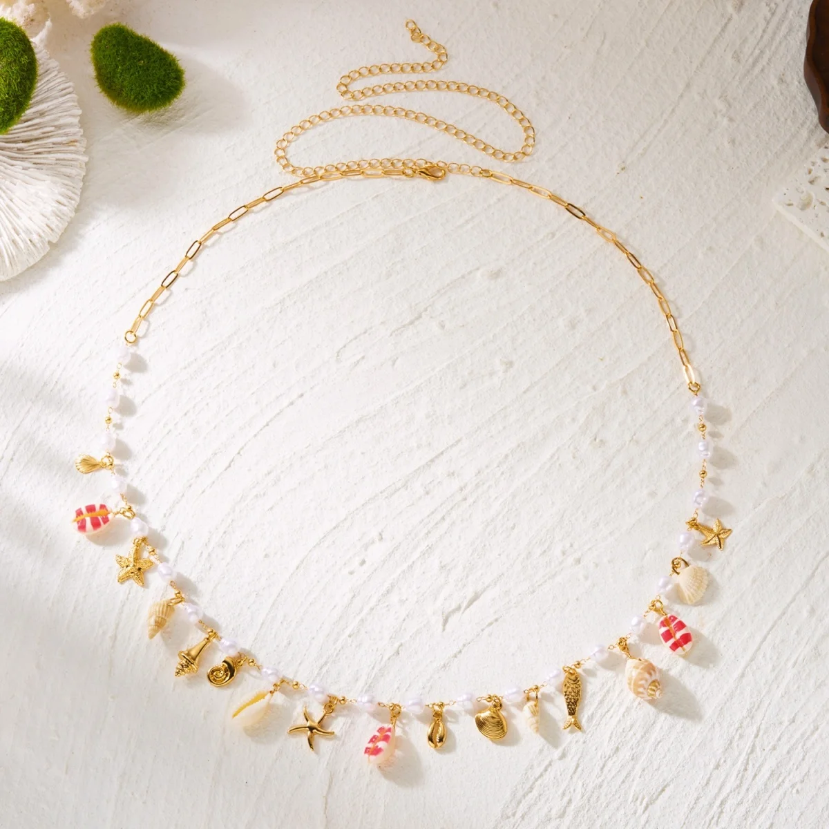 Sommerliche, bunt bedruckte Muschel-, Seestern- und Fisch-Taillenkette für Damen und Herren, Boho-Stil, imitierte Perlen, Korallen-Bauchkette, Körperschmuck – Detail 20