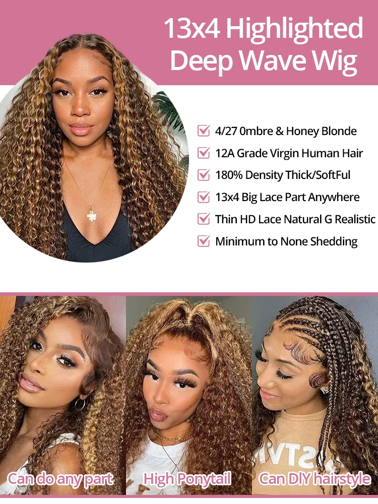 40 Inch 4/27 Ombre Deep Wave Curly Highlight Wig Human Hair Brazilian 7x5 13x4 Glueless Wigs Ready To Wear For Women 250 Density