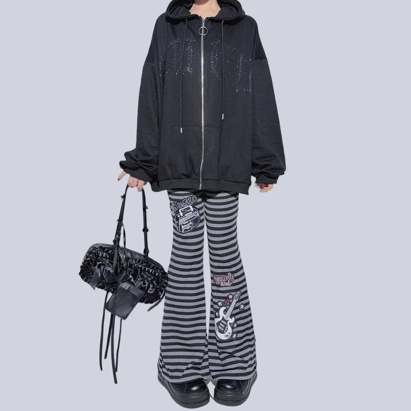 กางเกงขายาวทรงกระดิ่งเอวยางยืดลายทางสไตล์เรโทรสุดหวานเท่สำหรับผู้หญิง  คอลเลคชั่นฤดูใบไม้ร่วง-ฤดูหนาว  ช่วยพรางหุ่น