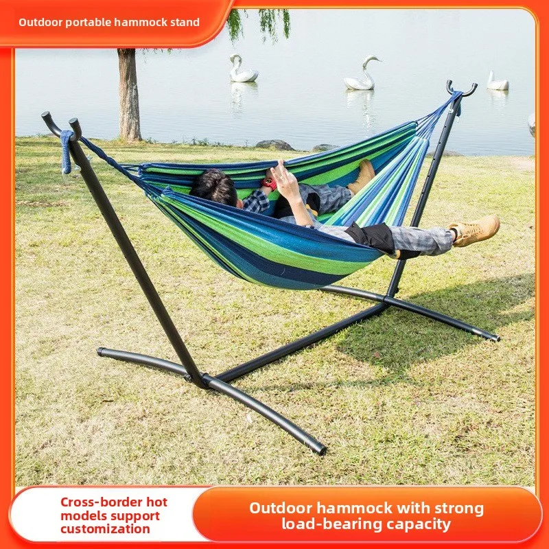 Outdoor Leisure Hammock Camping Hammock Portable Single Bracket Hammock Cotton Rope Anti-rollover Hammock with Stand