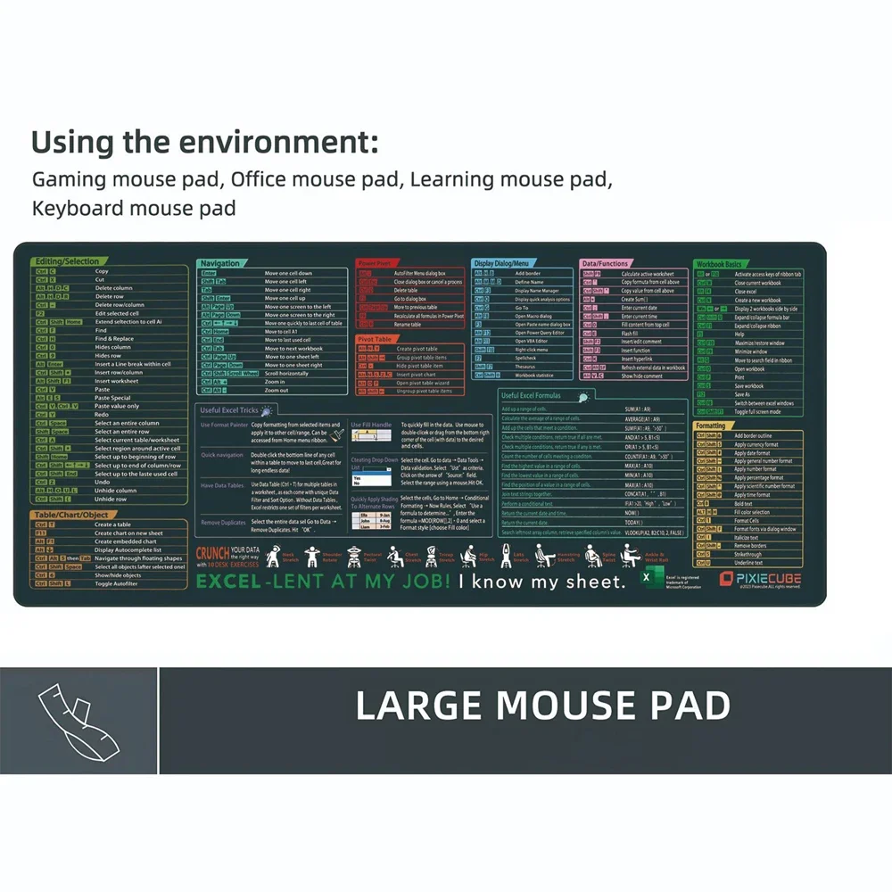 Tasti di scelta rapida per ufficio Mouse Pad Large Extended Excel Powerpoint Word Software Gaming Desk Keyboard Mousepad con bordo cucito