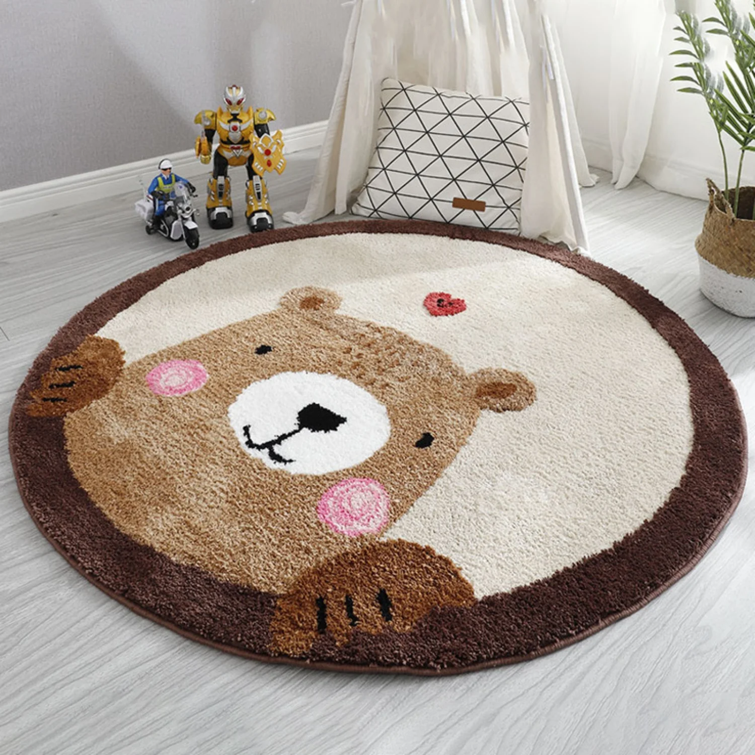 Round Children Rug with Cartoon Animal Cute Bear, Soft Plush Non Slip Floor Mat for Kids Bedroom, Playroom, Beside Bed