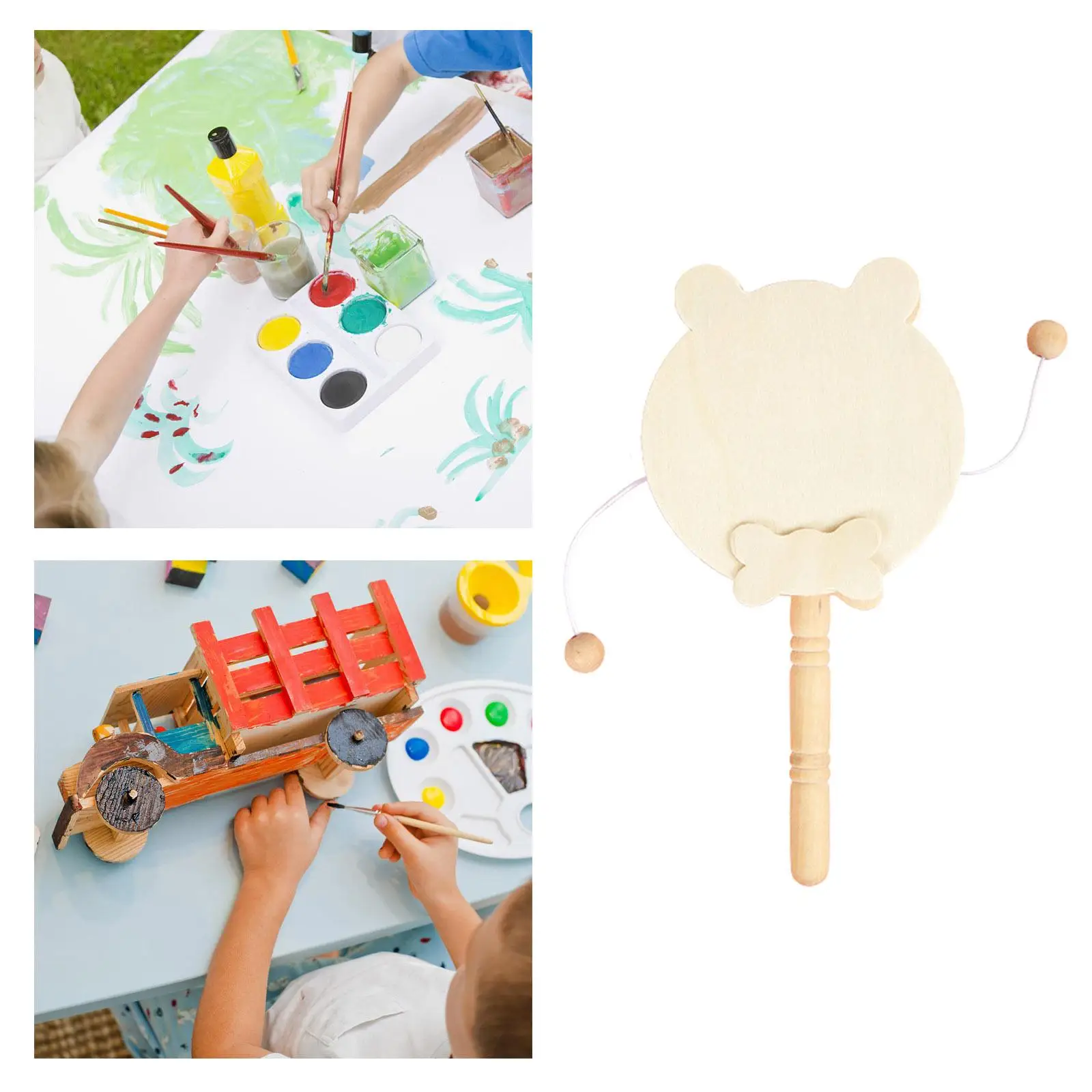 Blank Wood Rattle Drum for Painting Wooden DIY Craft Toy Creative Shaking Hand Drum for Children Art Project Natural