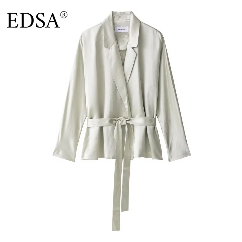 سترة نسائية من الساتان من EDSA مع حزام وأكمام طويلة وطية صدر مدببة وحاشية مستقيمة لمعطف سترة نسائية للمكتب