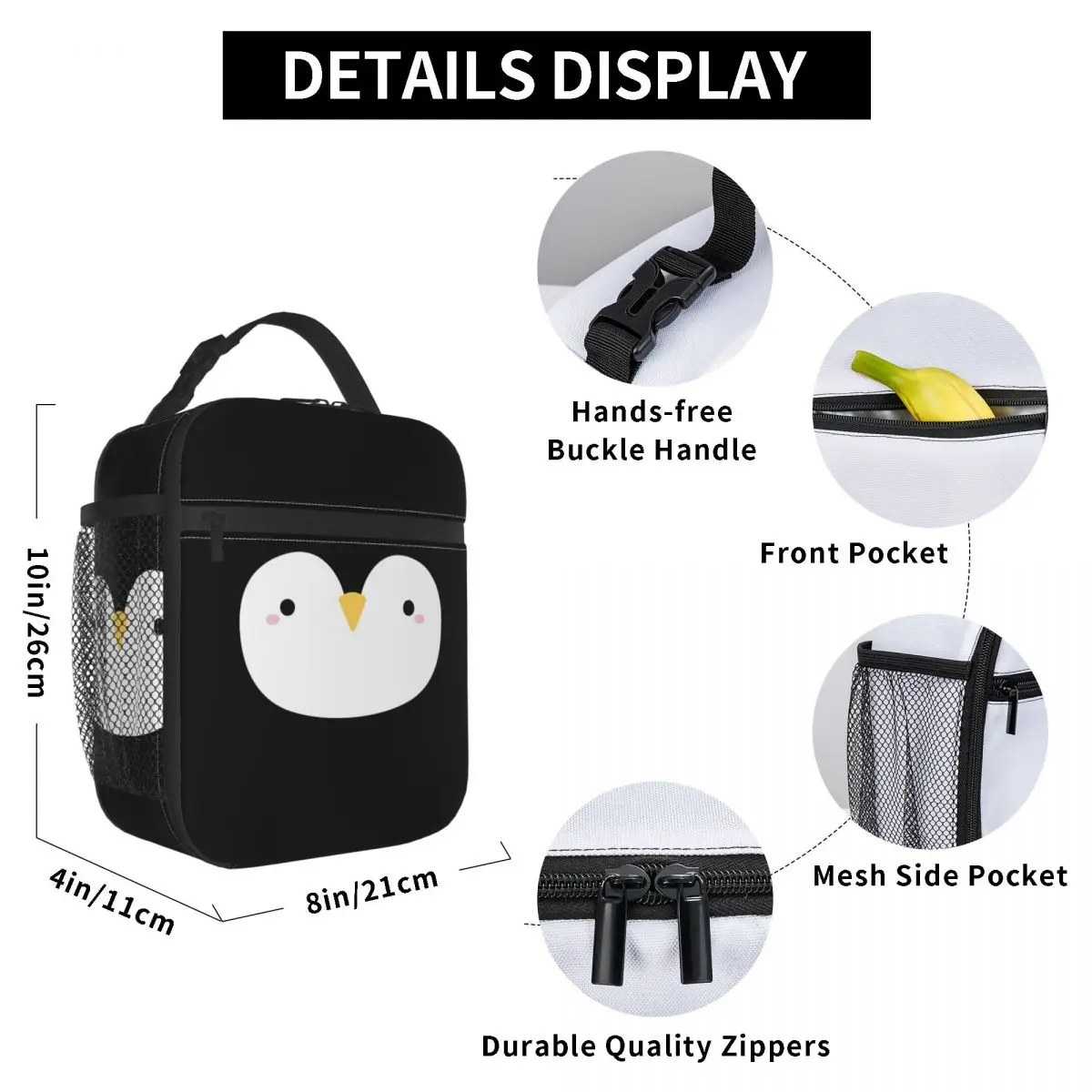 Cute Little Penguin Face Insulated Lunch Bag for Kids School Cooler Thermal Food Box Tote Leakproof Lunch Boxes Container
