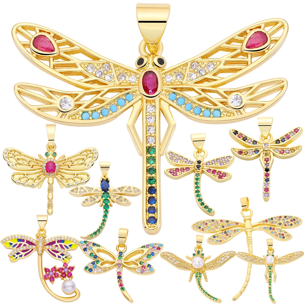 Juya 18K Real Gold Plated Micro Pave Colorful Zirconia Creative Dragonfly Charms For DIY Women Mother's Day Gift Jewelry Making