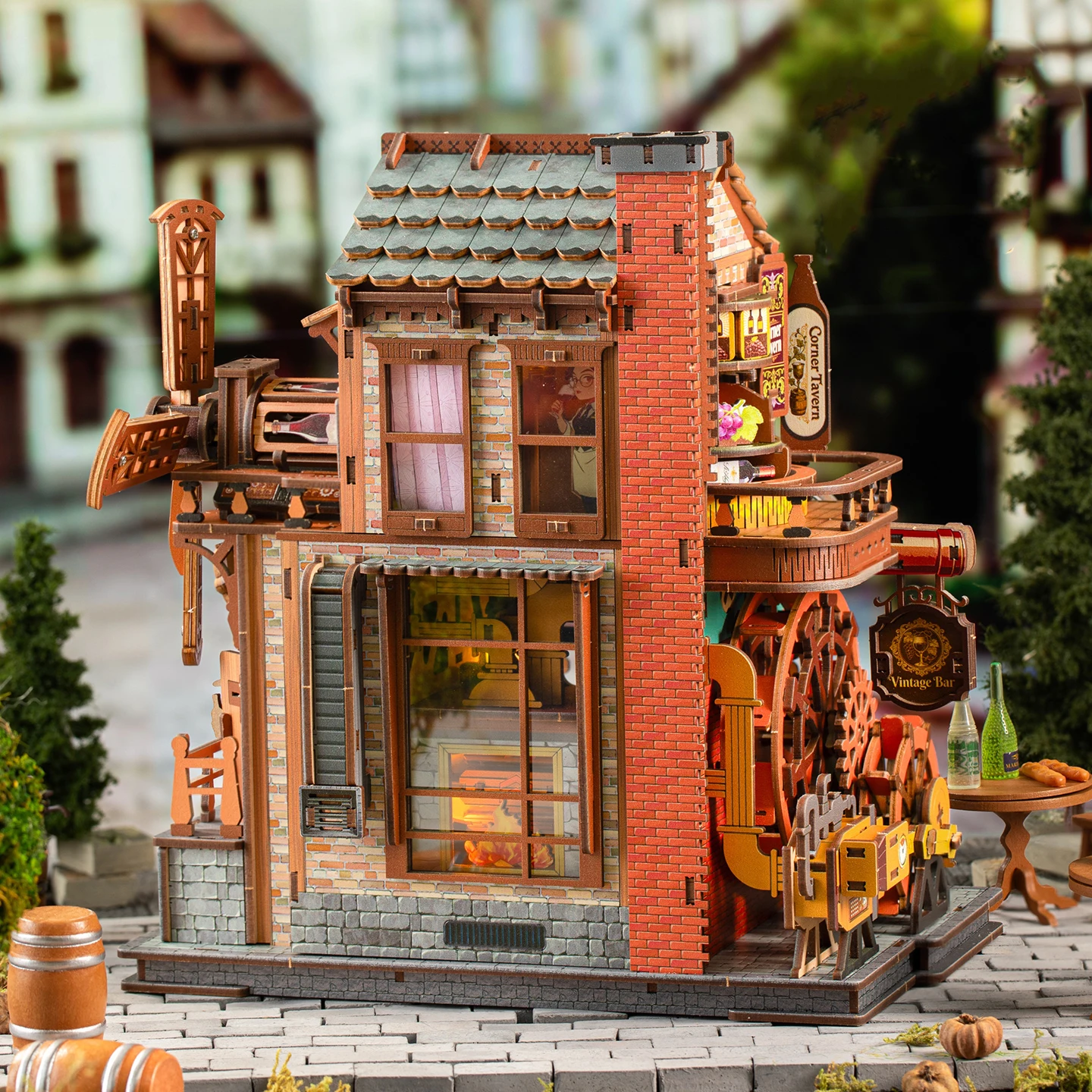 DIY 3D Holz-Mechanisches Eckhaus-Baukasten-Set, Miniatur-Modellbausatz, Mini-Haus als Geburtstagsgeschenk für Freunde und Mädchen