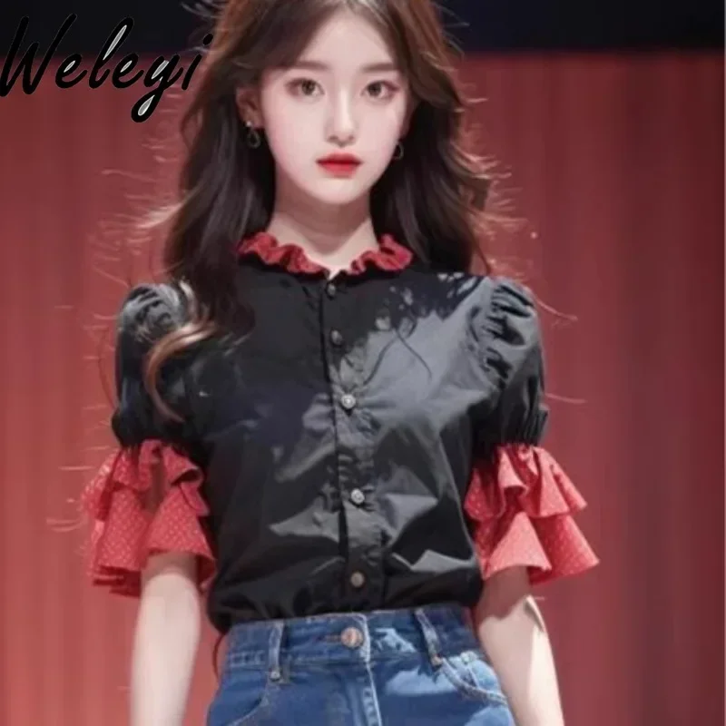 

Versatile Graceful Tops Women's Summer High Quality Red and Black Color Matching Ruffled Shirt Unique and Beautiful Loose Blouse