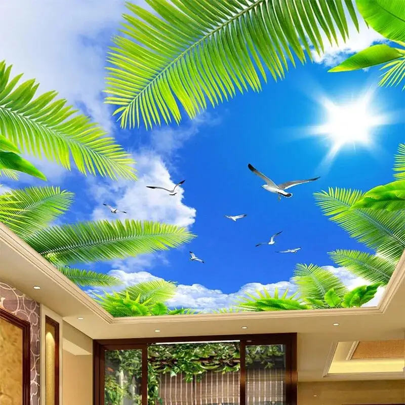 Custom Any Size 3D Wall Mural Ceiling Photo Wallpapers Blue Sky Sunshine Palm Seabirds 3D Stereo Wall Paper Papel De Parede Sala