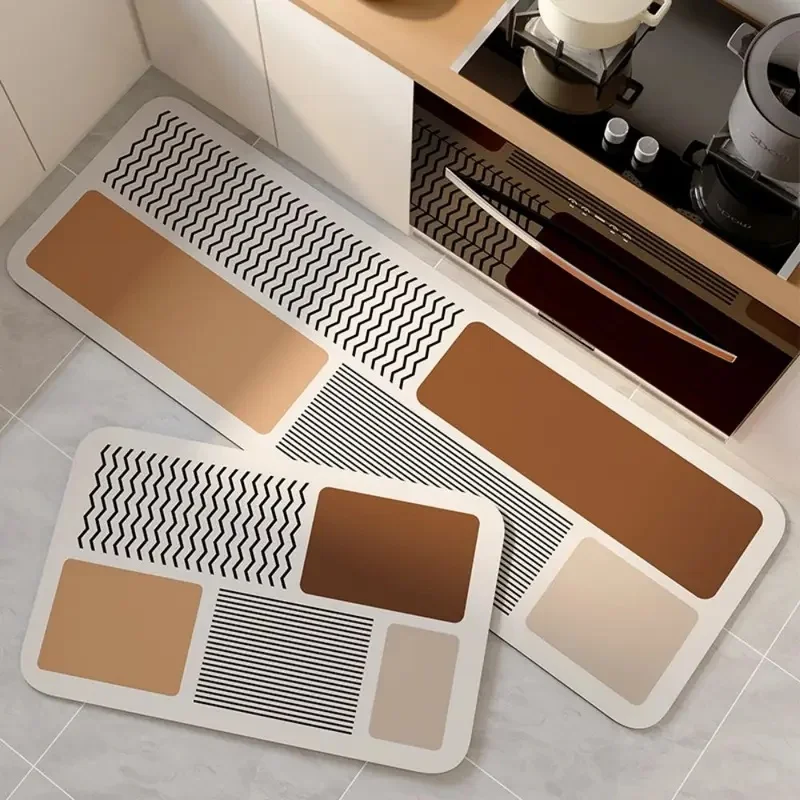 VIKAMA Warm Brown Geometric Spliced Kitchen Carpet Set Minimalist Wavy & Linear Pattern Wear Resistant Easy Clean Runner Mats
