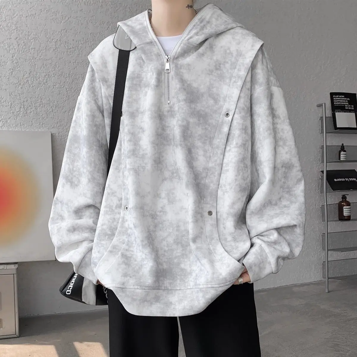 

Men's Tie-Dye Half-Zip Hoodie - American Retro Fall Oversized Heavyweight Sweatshirt, Casual Long Sleeve Streetwear Pullover Top
