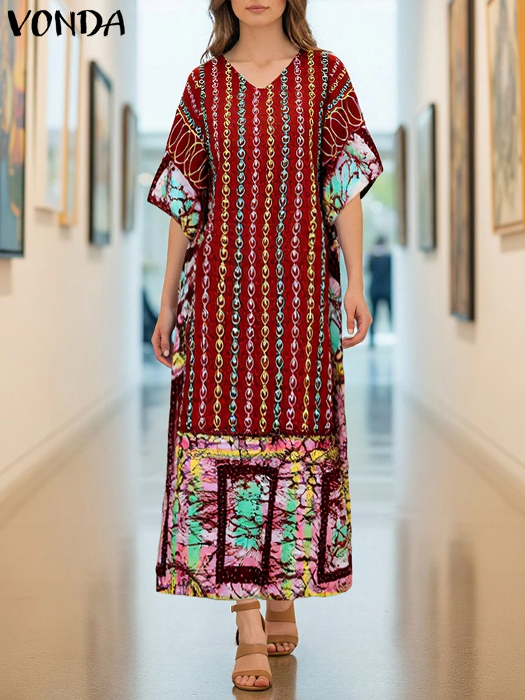 

VONDA Plus Size Women Bohemian Maxi Long Dresses Autumn 3/4 Sleeve Printing Casual Sundress V-Neck Vintage Loose Vestidos 5XL