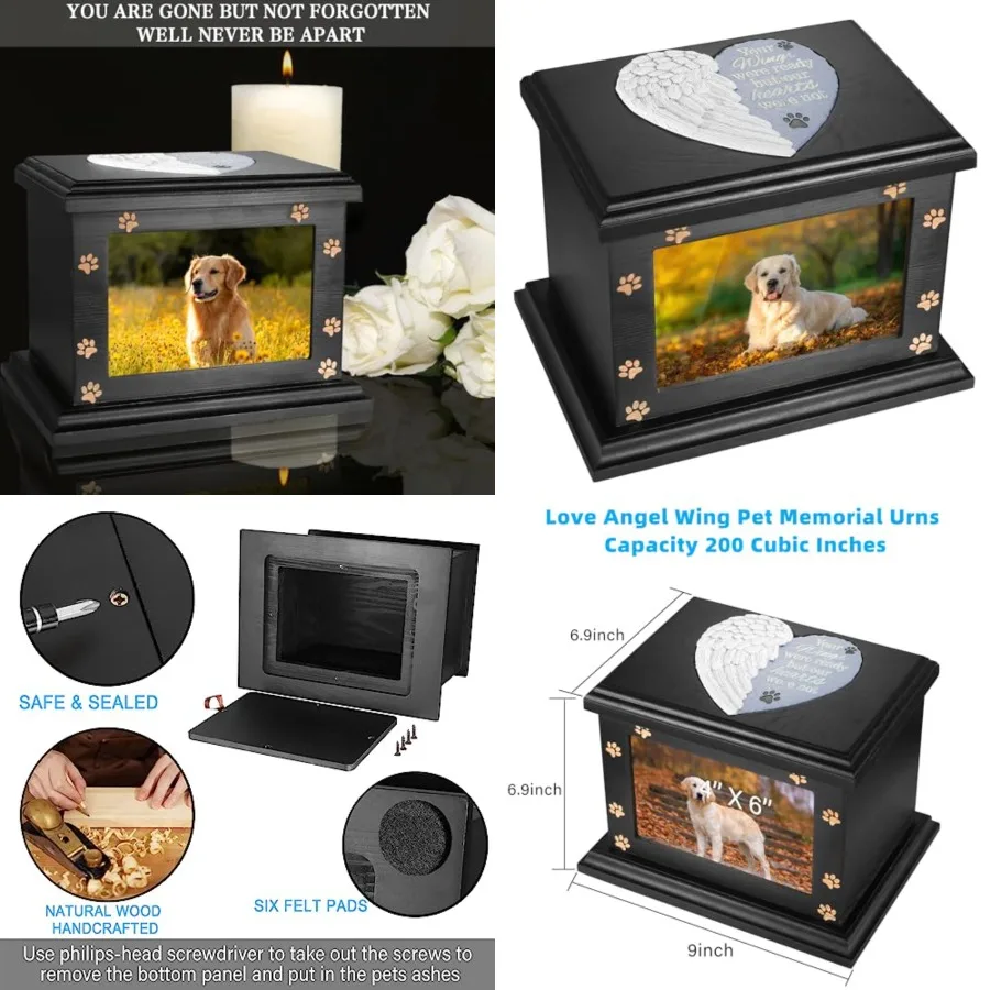 

Pet Memorial Urns for Dogs or Cats Ashes, Large Wooden Funeral Pets Memorial Urns with Photo Frame, Cremation Urns Keepsake Mem