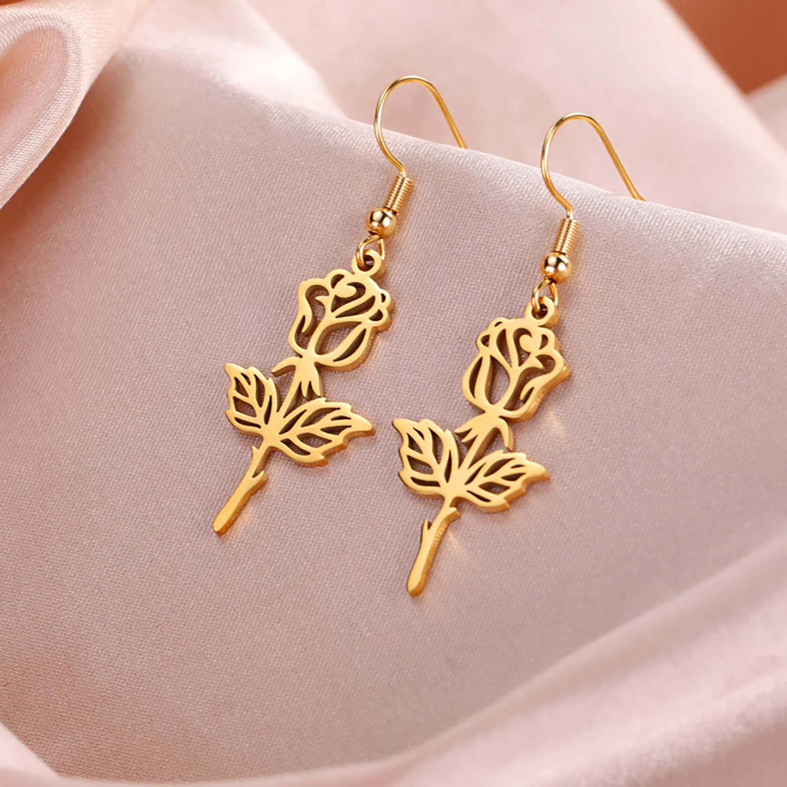 VASSAGO Rose Pendant Earrings Stainless Steel Fashion Kpop Rose Earrings Women's Romantic Jewelry Accessories Wedding Gifts