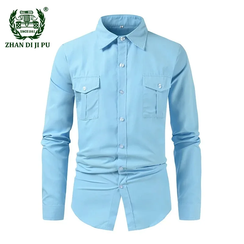 Spring Social Shirts for Men Solid Color Men Dress Shirt Multiple Pockets Long Sleeve Lapel Casual Designer Clothes Men Shirts