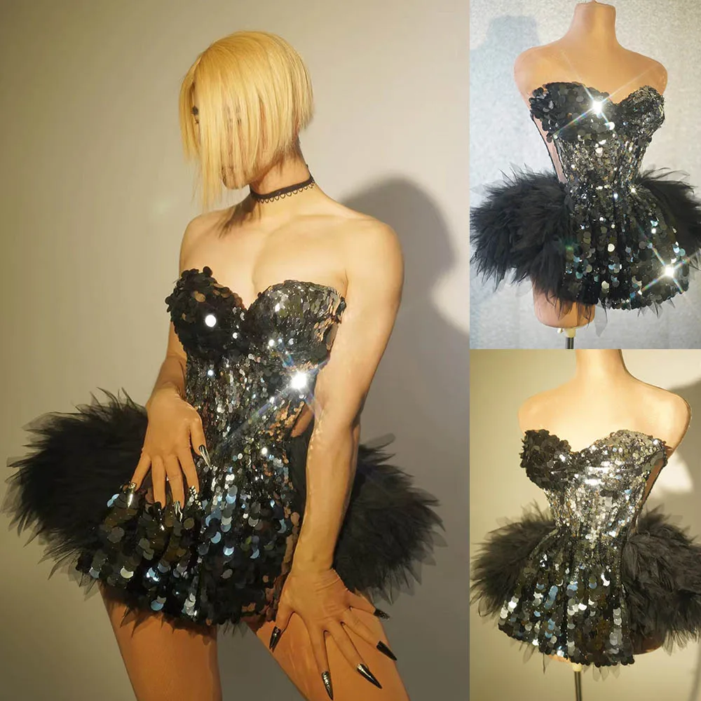 

2024 Gogo Dancer Outfit Female Club Stage Costume Sexy Party Dresses Black Feather Skirt Glitter Costume Sequin Dresses